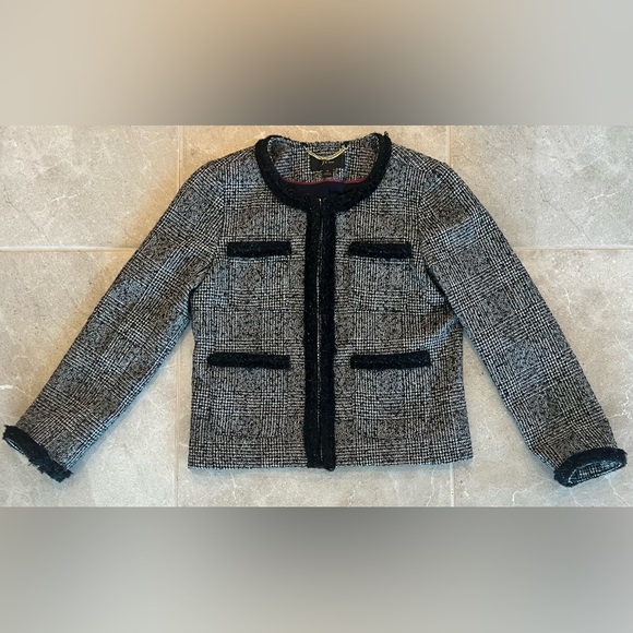 J.CREW Glen Plaid Braided Trim Tweed Jacket Blazer Black/White | Size 2 Womens - Picture 2 of 12